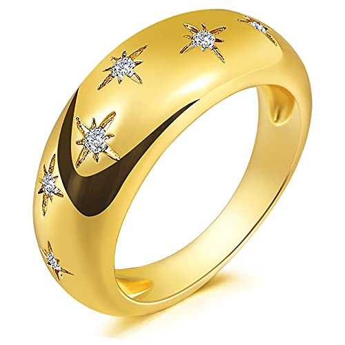 Fiusem Gold Chunky Dome Ring for Women- 14k Gold Plated Trendy Thick Star Signet Ring- Cubic Zirconia Statement Ring for Women- size 5