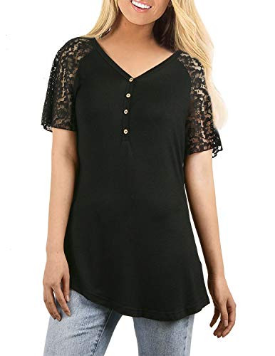 BUOYDM Women's Tops Short Sleeve Lace V Neck Shirts Casual Loose Blouses Tops Summer Shirt Black M