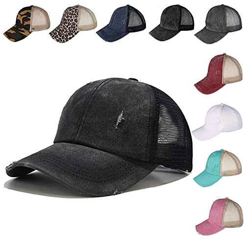 ZERDOCEAN Unisex Baseball Cap- Distressed Ponytail Messy Bun Baseball Hats Adjustable Washed Dad Hat Trucker Sun Hat Black