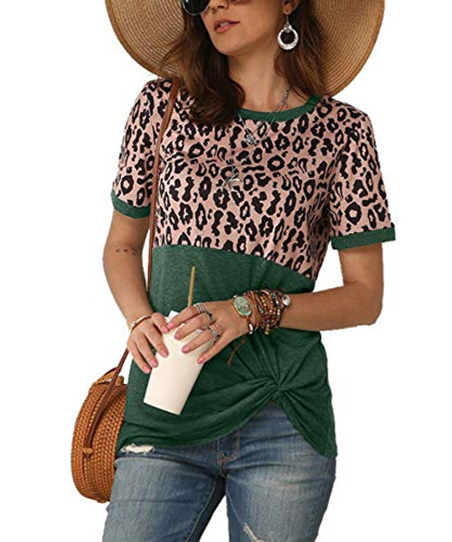 VYNCS Women's Color Block Tunic Shirt Round Neck Short Sleeve Leopard Printed Tops Casual Twist Knot Blouse -Green- Large- VYNCS Women's Color Block Tunic Shirt Round Neck Short Sleeve Leopard Printed Tops Casual Twist Knot Blouse -Green- Large-