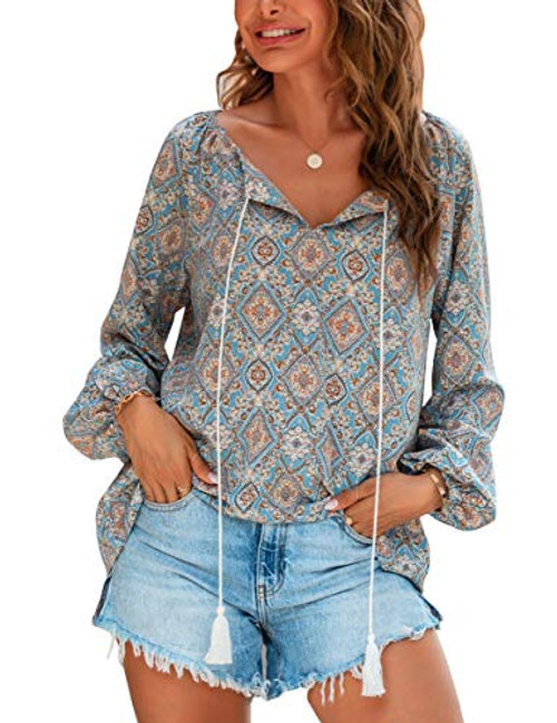 LUCKLISA Women's Long Sleeve Casual Boho Floral Print V Neck Shirts Tops Loose Blouses-Floral03-L- LUCKLISA Women's Long Sleeve Casual Boho Floral Print V Neck Shirts Tops Loose Blouses-Floral03-L-