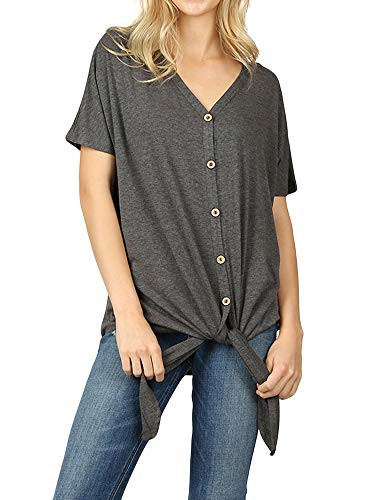 Women Short Sleeve V Neck Button Down T Shirts Tie Front Knot Loose Blouse Casual Tops -Charcoal- M-