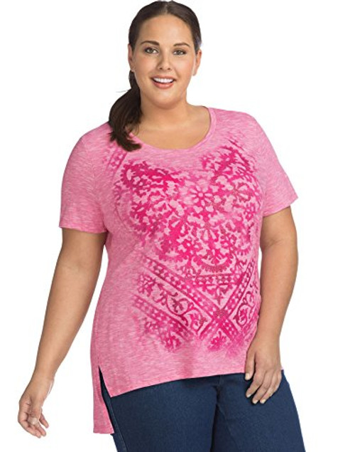 JUST MY SIZE Women's Size Plus Short Sleeve Graphic Tunic- Peace Within/Deep Raspberry Heather- 1X