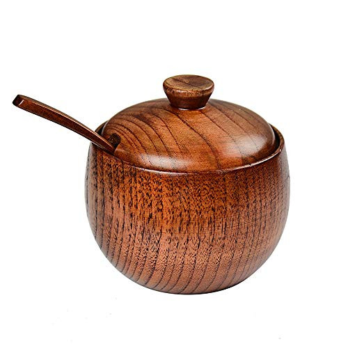SOLOM Wooden Salt Box Spice Jar Spice Bottle Sugar Storage Jar Salt Pepper Seasoning Container with Lid and Spoon