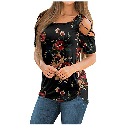 Womens Shirts and Blouses-Womens Short Sleeve Shirts Strappy Cold Shoulder Round Neck Tshirts Blouse Summer Casual Tops Loose Fit Graphic Tees