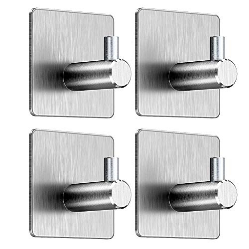 YOSEMY -4 Pack- Nail-Free Bathroom Towel Hook- Heavy Duty Wall Hooks Adhesive Hooks Waterproof Stainless Steel Hooks for Hanging Coat Hat Towel Robe Hook- Bathroom and Bedroom