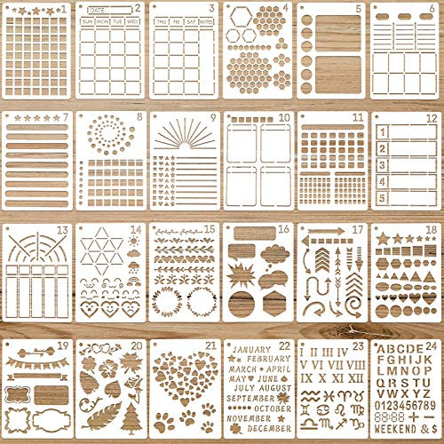 24 Pieces Journal Stencils Plastic Planner DIY Templates Reusable Painting Stencils Calendar Drawing Craft Templates for Journal Notebook Diary Scrapbook Home Decoration School Art Projects