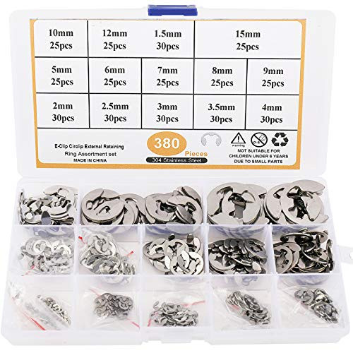 Toolly 380Pcs 304 Stainless Steel E-Clip Circlip External Retaining Ring Assortment Set- 14 Sizes