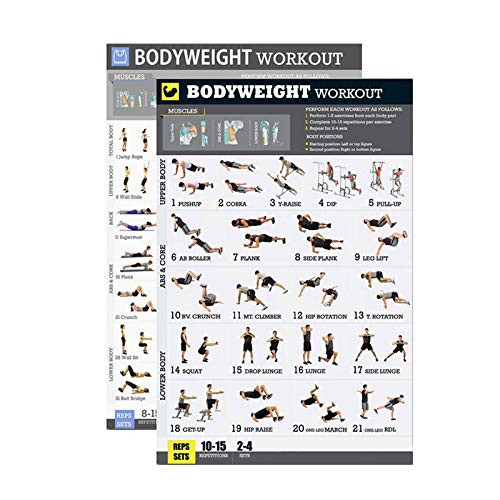 Adanse Bodyweight Exercise Poster Set Laminated 2 Chart Set Men and Women Body Weight Workouts for Home Gym Fitness