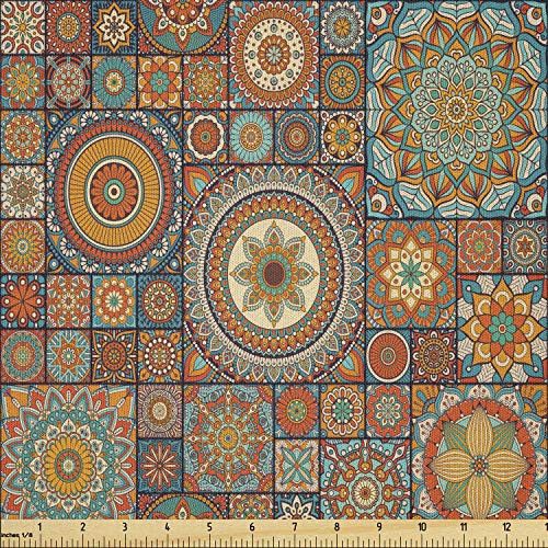 Ambesonne Moroccan Fabric by The Yard- Old Fashioned Eastern Style Mosaic Composition Folk Mandala Motifs- Microfiber Fabric for Arts and Crafts Textiles  and  Decor- 1 Yard- Turquoise Orange