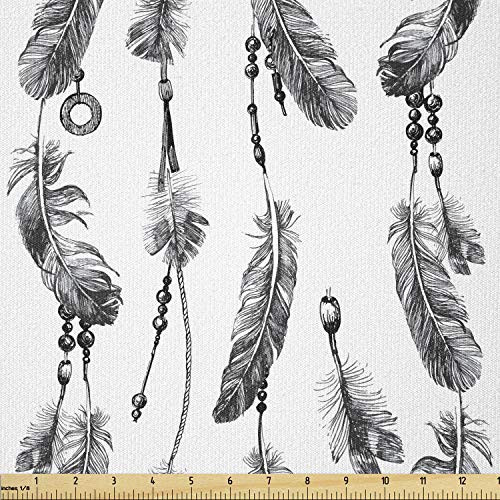 Ambesonne Tribal Fabric by The Yard- Bohemian Feathers and Beads on Thread Graphic Pattern Art- Stretch Knit Fabric for Clothing Sewing and Arts Crafts- 1 Yard- Grey White