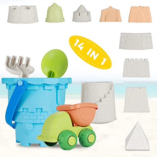 PESUMA Beach Sand Toys Set with Mesh Bag- Dump Truck- Bucket- Shovel- Rake- Castle Mold- Sandbox Toys Summer Outdoor Beach Toys- Outdoor Tool Kit for Kids Toddlers Boys Girls 3-10-14 Pieces-