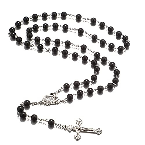 Rnivida Black Rosary Beads Necklace Miraculous Metal with Jesus Crucifix- Catholic Christian Gift for Men and Womens -Miraculous Medal - 8mm- Rnivida Black Rosary Beads Necklace Miraculous Metal with Jesus Crucifix- Catholic Christian Gift for Men and Womens -Miraculous Medal - 8mm-