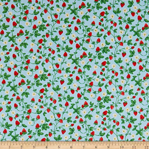 Kanvas Strawberry Fields Forever Sweet Strawberries Blue Fabric by the Yard