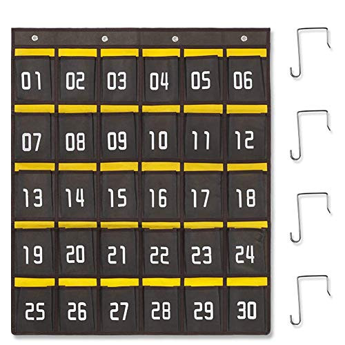 Edudif Classroom Numbered Pocket Chart for Cell Phone and Calculator Holder Wall Door Hanging Organizer with 4 Metal Hooks -30 Pockets- Grey-