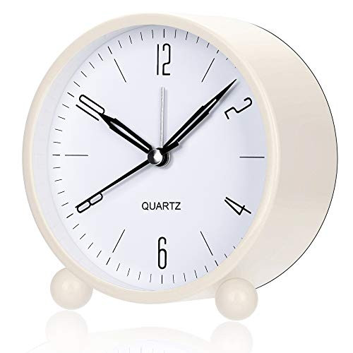 Analog Alarm Clock- 4 inch Super Silent Non Ticking Small Clock with Night Light- Battery Operated- Simply Design- for Bedroom- Bedside- Desk -White- Analog Alarm Clock- 4 inch Super Silent Non Ticking Small Clock with Night Light- Battery Operated- Simply Design- for Bedroom- Bedside- Desk -White-