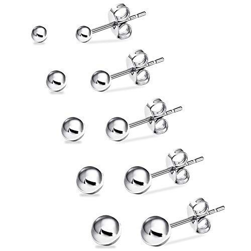 UHIBROS Hypoallergenic Studs Earrings 316L Surgical Stainless Steel Earrings Round Ball Earring 5 Pairs Assorted Sizes-4mm-8mm-