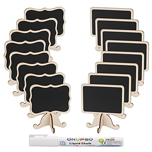 16 Pack Wood Mini Chalkboard Signs with Support Easels- Small Rectangle Chalkboards Blackboard for Weddings- Place Cards- Food Labels- Table Numbers- Message Board Signs and Event Decorations