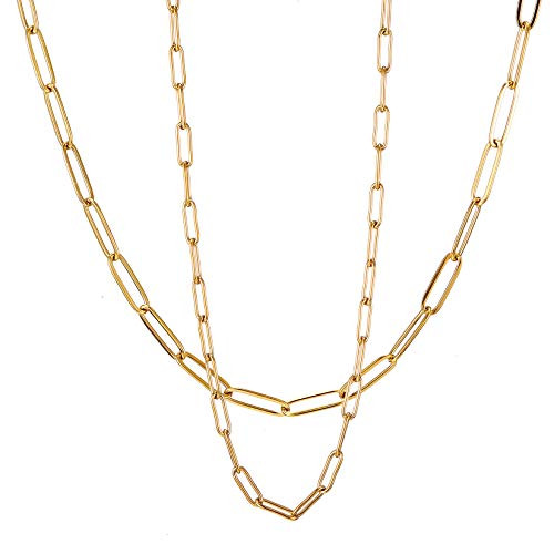 RWQIAN 18k Gold Paperclip Chain Link Necklace Dainty Paperclip Link Chain Layered Necklace Oval Link Chains Initial Necklaces Set for Women Girls -18K Gold Necklace-
