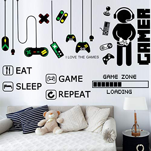 4 Sets of Game Wall Stickers- Gamer Controller Wall Decal- Game Boy Decal Wall Sticker- Game Zone Loading Wall Sticker- Eat Sleep Game Wall Large Decal for Boys Kids Home Playroom Bedroom Decoration