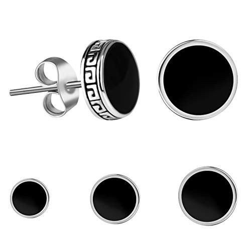 KWUNCCI Black Round Stud Earrings White Gold Plated Ear Studs for Men Women 3 Pairs- 6/ 8/ 10mm