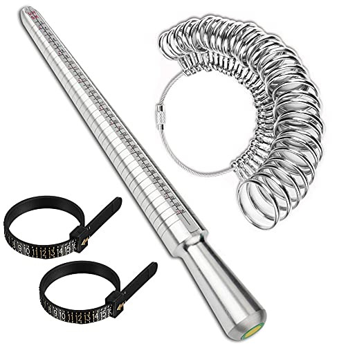 Accmor Ring Size Measuring Tool Including Metal Ring Mandrel  and  Ring Sizer Guage- Four Sizes Ring Stick  and  Ring Gauge Finger Sizing Measuring Tool Set for Man Woman Jewelry Making