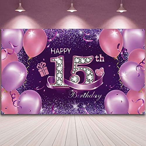 Birthday Backdrop Banner Happy 15th Birthday Photo Booth Backdrop Pink and Purple Banner Sign Poster Party Decorations Extra Large Birthday Photo Background for Party- 72.8 x 43.3 Inch