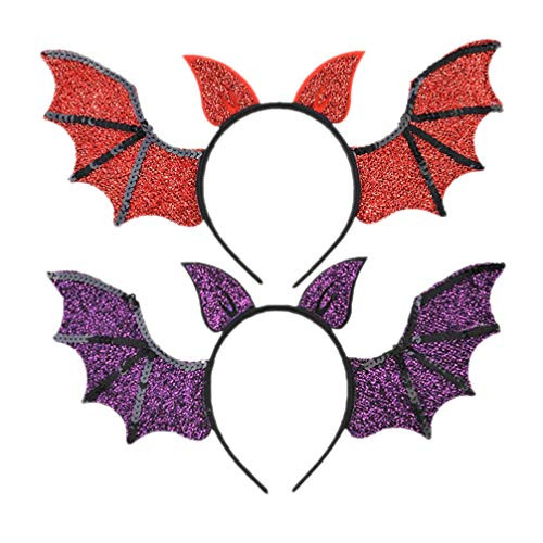 PIXNOR Halloween Hair Hoop- 2pcs Devil Bat Wings Headband- Devil Horn Headdress- Creative Hair Accessories for Cosplay Costume Party Red Purple