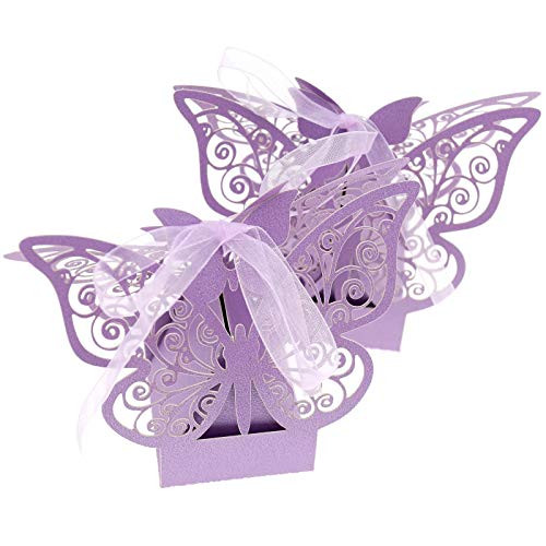 50 Pieces Butterfly Laser Cut Favor Boxes DIY Wedding Birthday Gift Candy Boxes with Ribbons -Purple-