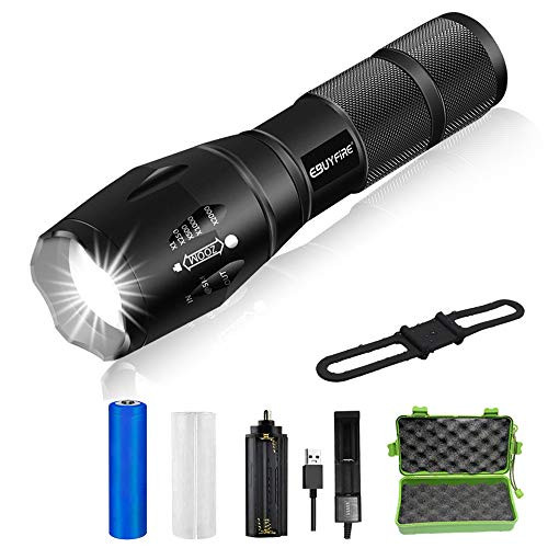 Tactical Flashlight with 18650 Battery 1000 Lumens XML T6 LED Light 5 Modes Portable Zoomable Torch- Water Resistant Super Bright for Camping- Hiking- Emergency Flashlights