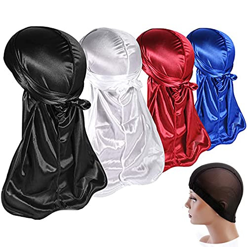 4PCS Silky Durags- Silk Durag for Men Women Waves- Silk Durag Pack with 1 Wave Cap- Silky Satin Durag Extra Long Tails -4 Colors-
