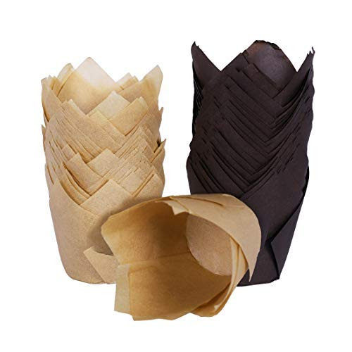 HomyPlaza Tulip Cupcake Baking Cups- 150pcs Paper Cups Cupcake Liners- Brown Natural and White Color Baking Wrappers Muffin Cups- Greaseproof Parchment Paper Cups for Wedding- Baby Showers- Party