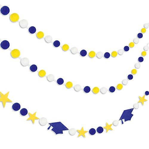 Tranqun 3 Pieces Graduation Pompom Ball Garlands Graduation Cap Stars Garlands Felt Ball Stars Graduation Cap Hanging Garlands for Graduation Party Holiday Decors -Yellow- White- Blue-