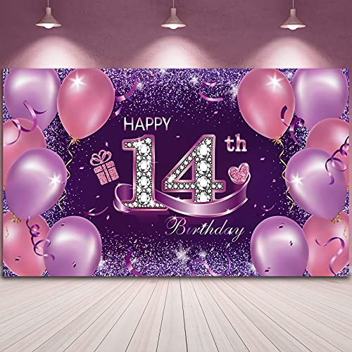 Happy Birthday Backdrop Banner Extra Large Happy 14th Birthday Party Decoration Pink Purple Photo Booth Backdrops Background with Rope for Girls Birthday Anniversary Party- 72.8 x 43.3 Inch