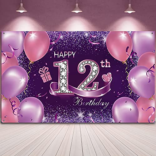 Happy Birthday Party Decorations- Large Fabric Happy 12th Anniversary Birthday Sign Banner Pink Purple Photo Booth Backdrop Background with Rope for Girls Birthday Party Favor- 72.8 x 43.3 Inch