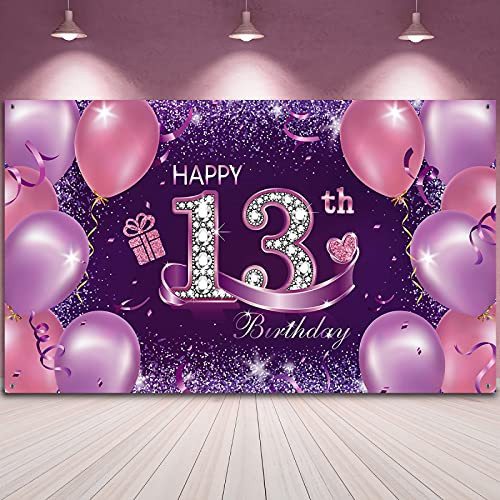 Happy Birthday Party Decorations- Large Fabric Pink Purple Happy 13th Anniversary Birthday Sign Banner Photo Booth Backdrop Background with Rope for Girls Birthday Party Favor- 72.8 x 43.3 Inch