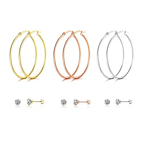 JOERICA 6 Pairs Hoop Earrings Set for Women Stainless Steel Big Hoop Earrings 14K Gold Plated Rose Gold Silver Hoops and Cubic Zirconia Stud Earrings