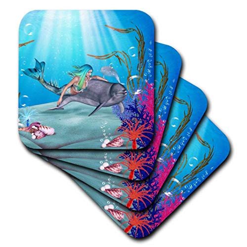3dRose Mermaid Swims with A Dolphin Underwater - Soft Coasters, Set of 8 (CST_172228_2)