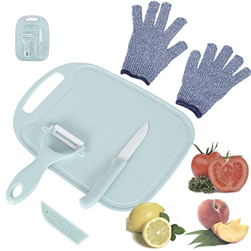 Fansisco 4 Pieces Kids Cooking Supplies Knife Set and Cutting Board with Cut Resistant Gloves -Ages 6-12- Kids Safe Knife for Fruit- Bread- Cake- Lettuce- Salad -Blue-