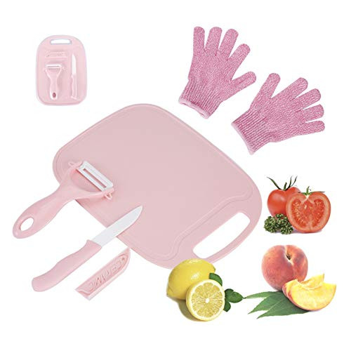 Fansisco 4 Pieces Kids Cooking Supplies Knife Set and Cutting Board with Cut Resistant Gloves -Ages 6-12- Kids Safe Knife for Fruit- Bread- Cake- Lettuce- Salad -Pink-