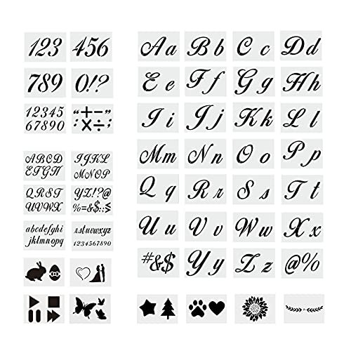 Susimond 48PCS Letter Stencils for Painting on Wood- Large Alphabet Stencils with Calligraphy Font Upper and Lowercase Letters- Reusable Plastic Art Craft Stencils with Numbers  and  Signs - 174 Designs.