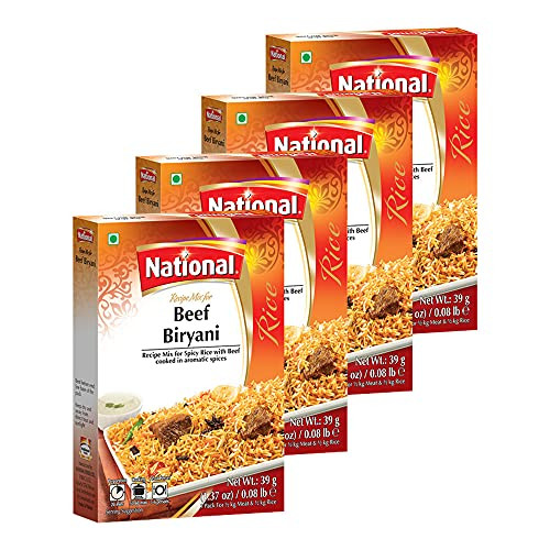 National Foods Beef Biryani Recipe Mix 1.37 oz -39g- | South Asian Mixed Spice Powder | Traditional Food | Meat Layered Pilaf Seasoning | Box Pack | Pack of 4 National Foods Beef Biryani Recipe Mix 1.37 oz -39g- | South Asian Mixed Spice Powder | Traditional Food | Meat Layered Pilaf Seasoning | Box Pack | Pack of 4
