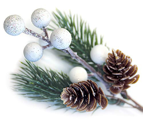 OLYPHAN White Christmas Berries/Berry Stems w. Pine Branches  and  Artificial Pine Cones/White Holly Spray/Wreath Picks for Winter Decor- Holiday Crafts- Xmas Decorations/Decorative Pick