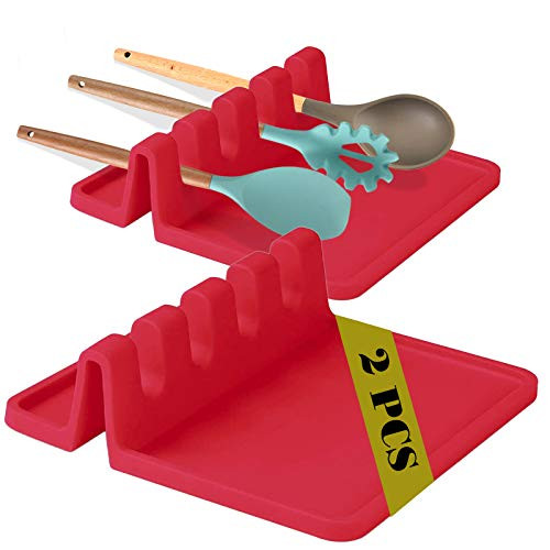 2 Pcs Spoon Rest for Kitchen- Utensils Holder Silicone Utensil Rest for Stove Top- Kitchen Silicone Spoon Rest for Multiple Utensils with Drip Pad -Red- 2 PACK-