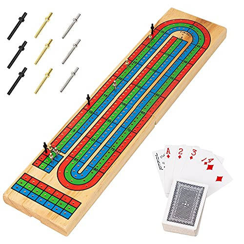 FUNPENY Traditional Wooden Cribbage Board Game Set- 3-Track Color Coded with Metal Pegs and Deck of Playing Cards