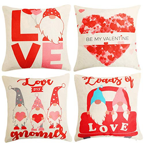 Gnome Valentine's Day Pillow Covers- 18X18 Inch Set of 4 Gnome Love Heart Car Home Decor Valentines Day Throw Pillows Decorative Cotton Linen Cushion Cases Valentine Decorations Gnome Valentine's Day Pillow Covers- 18X18 Inch Set of 4 Gnome Love Heart Car Home Decor Valentines Day Throw Pillows Decorative Cotton Linen Cushion Cases Valentine Decorations