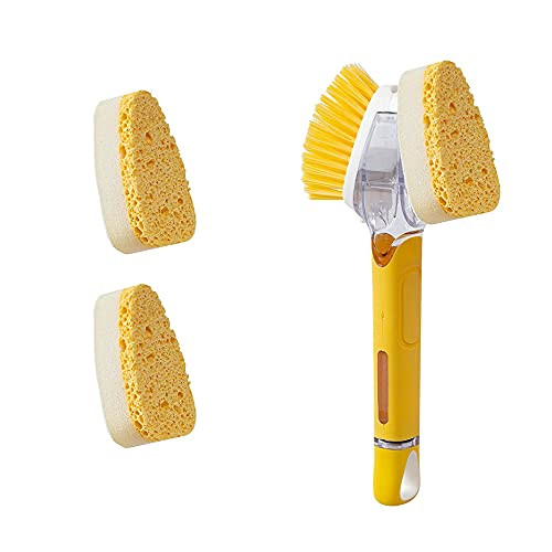 Soap Dispensing Dish Brush - 1 Dish Wands and 4 Refill Replacement Heads- Updated No Leaking Soap Dish Scrubber - Kitchen Dish Brush with Soap Dispenser for Pot Pan Sink Cleaning -Yellow-
