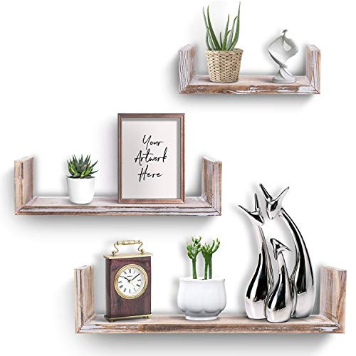 TIMEYARD Rustic Wood Floating Shelves - Set of 3 Torched Wood Wall Mount Shelves, Farmhouse Storage Shelf for Bathroom, Kitchen, Bedroom