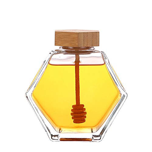 Honey Pot Glass Honey Jar ?Honey dispenser- syrup dispenser- honey jar with wooden dipper and cork lid cover- suitable for home kitchen- transparent -7 1/2 OZ-