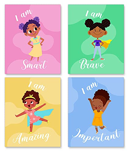Set of 4 Motivational Black Girl Wall Art- Motivational Wall Art Girls Room Decor Black Baby Girl Room Decor Inspirational Kids Room Wall Decor- 8 x 10 Inch -Unframed-